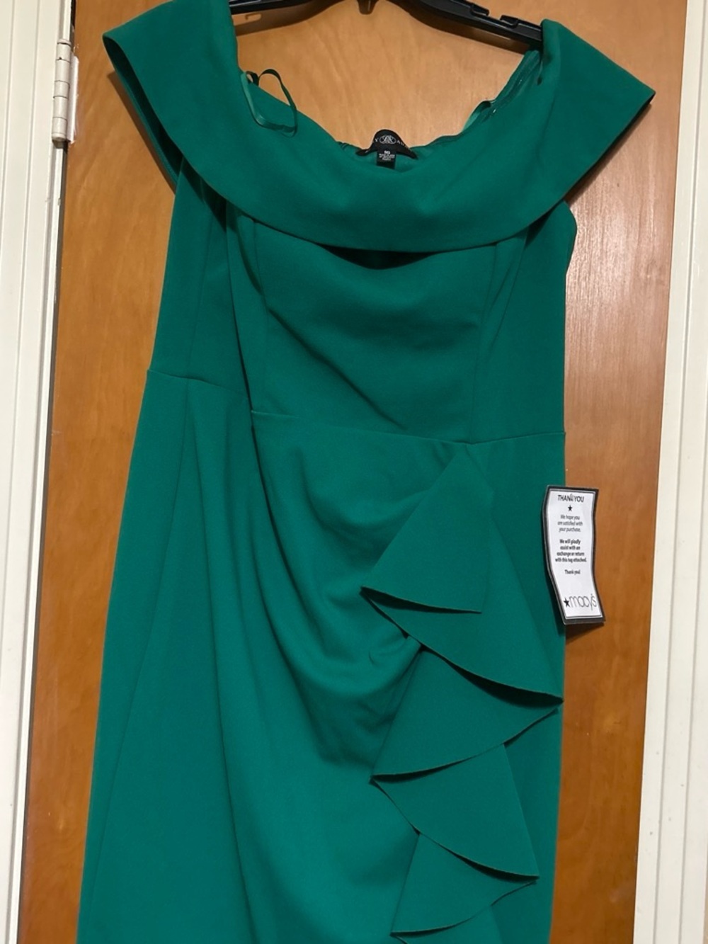 Off-Shoulder Emerald Midi Dress with Cascade Ruffle
